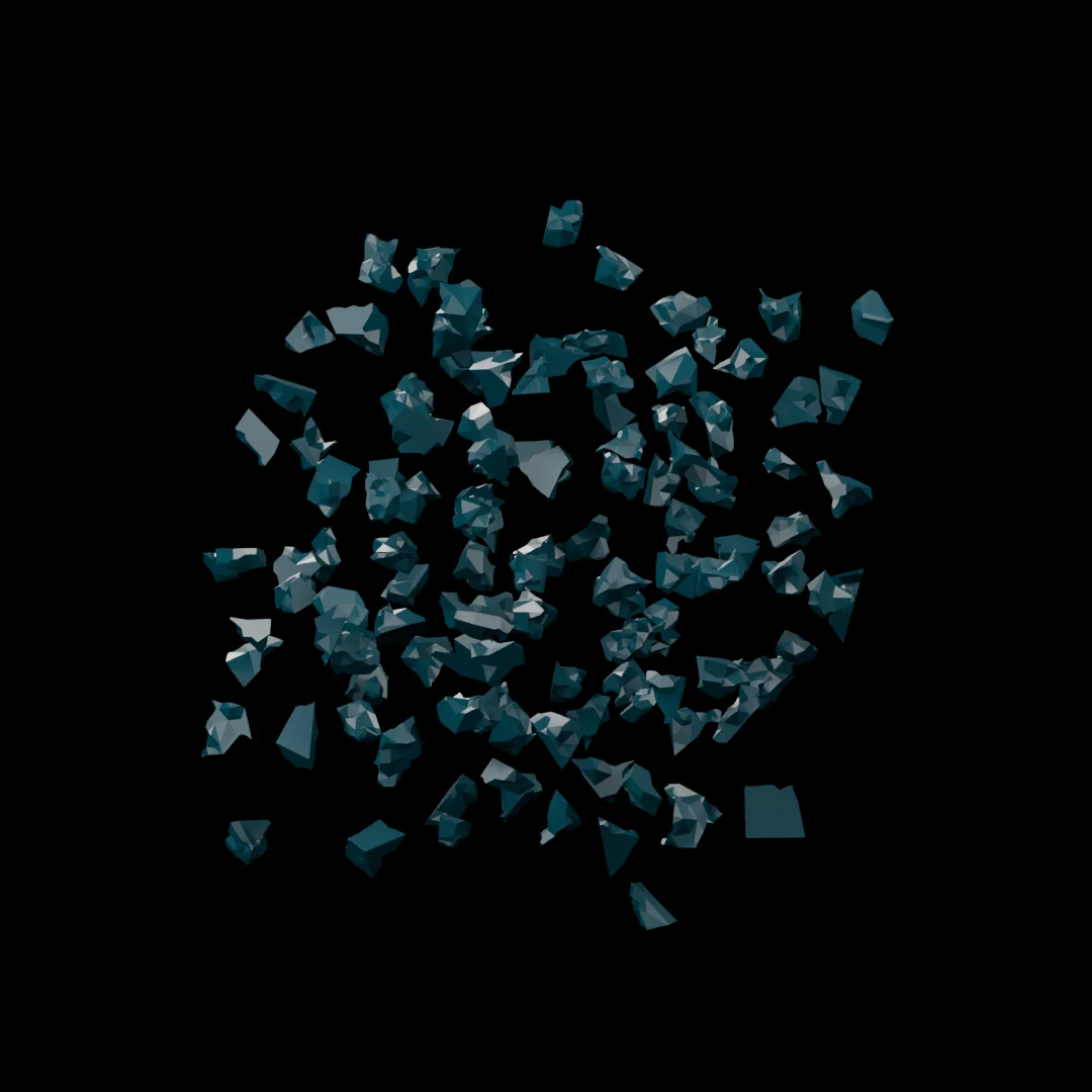 Scattered teal crystal pieces float in the dark, before any have found each other.