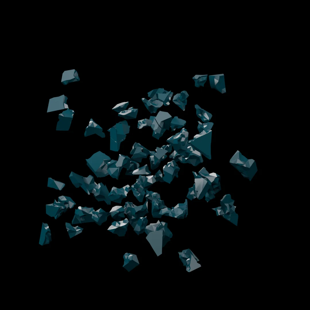 Teal crystal pieces have found their partners and float as small clusters.